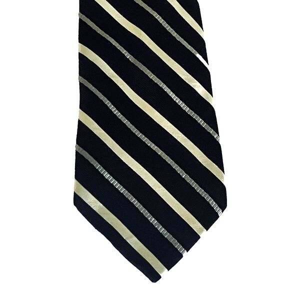 Hart Schaffner Marx Tie XL Repp Stripe Black Metallic Silver Preppy Academia - Picture 2 of 10